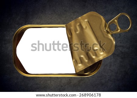 Open Empty Sardine Fish Tin Can on Grunge Gray Background, Top View