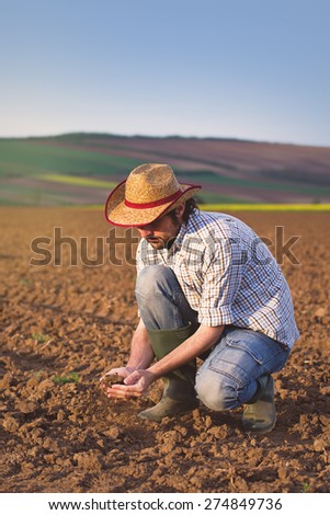 Male Farmer Examines Soil Quality on Fertile Agricultural Farm Land, Agronomist Checking Soil in Hands
