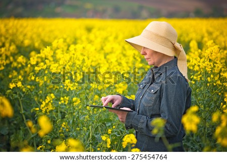 Female Farmer using Digital Tablet Computer in Oilseed Rapeseed Cultivated Agricultural Field Examining and Controlling The Growth of Plants
