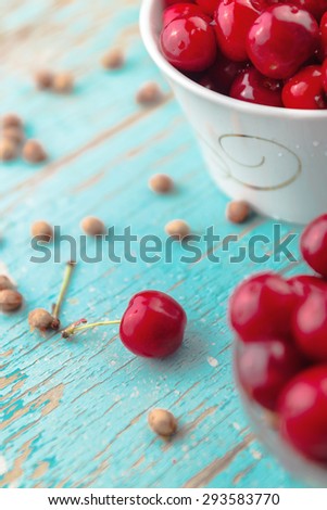 Sweet Cherry in Bowl on Rustic Table, Ripe Fresh Wild Cherries Fruit, Selective Focus