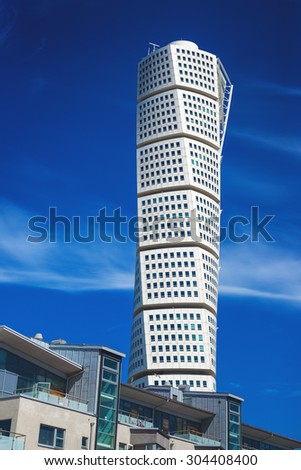 MALMO, SWEDEN - JUNE 26, 2015: Malmo Turning Torso, Tallest Building in Sweden and whole Scandinavia, Reaching a height of 190 metres with 54 stories and 147 apartments.
