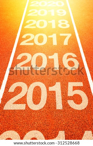2016, Happy New Year, Continuous Year Numbers Count on Athletics Running Track, selective focus