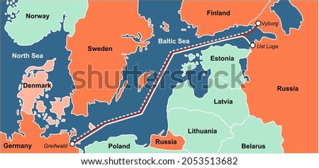 Map of natural gas transportation from Russia to Germany via the Nord Stream 2