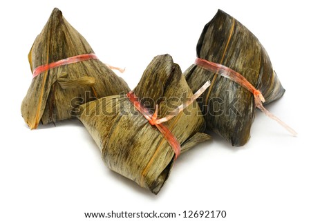 Three rice dumplings (Chinese traditional food) on white background.