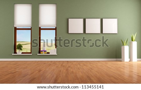 Green empty room with two wooden windows - rendering-the image on background is a my photo