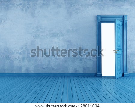 Empty  blue vintage room with open old door - rendering