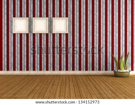 Vintage empty room with striped wallpaper and old frame - rendering