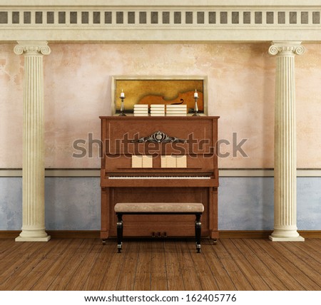 Classic music room with vertical piano - rendering - the art picture on piano is a my rendering image
