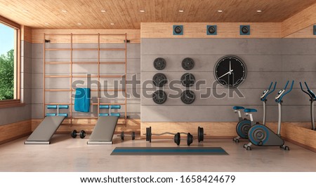 Home gym with swedish wall,bench,bicycle and weights - 3d rendering