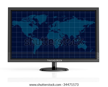 touchscreen lcd monitor with world map isolated on white - rendering