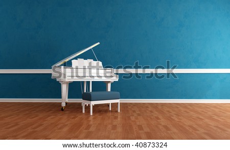 white grand piano in a blue room - rendering