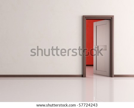 white empty room with open wooden door - rendering