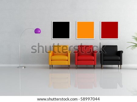 three colored armchair in a minimalist living room - rendering