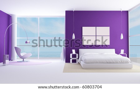 purple bedroom of a modern beach villa - rendering - the image on background is a my photo