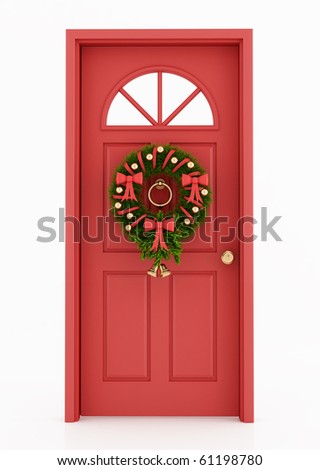 red door with christmas wreath isolated on white - rendering