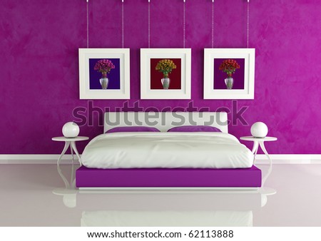 purple modern bedroom with frame with colored roses - rendering - the art picture on wall are my rendering composition