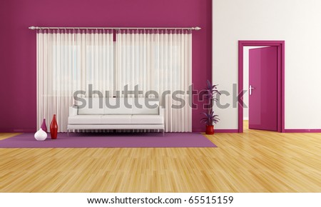 modern living room with white couch and purple wall - rendering