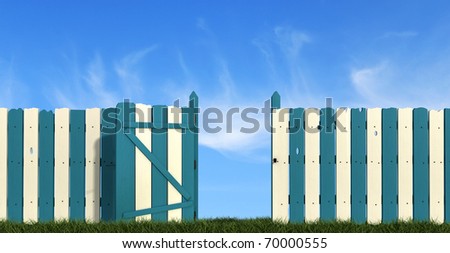 fence with closed  gate  painted in blue and white