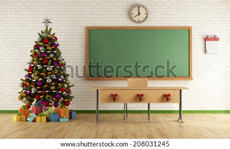 Classroom without student with christmas tree and decoration - rendering