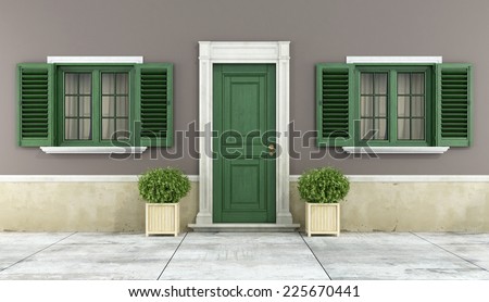 Detail of a classic house with green wooden windows and front door - 3D Rendering
