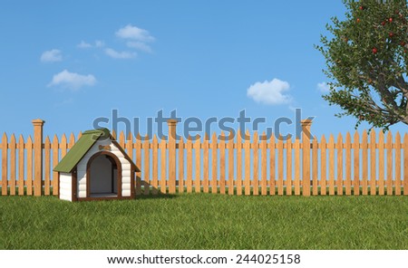 Dog\'s house on grass in the garden with wooden fence and apple tree - 3D Rendering