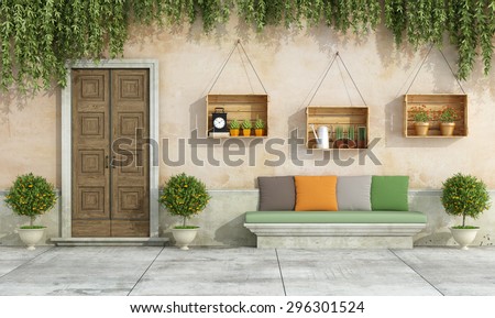 Country house with old door,stone bench , colorful cushion - 3D Rendering