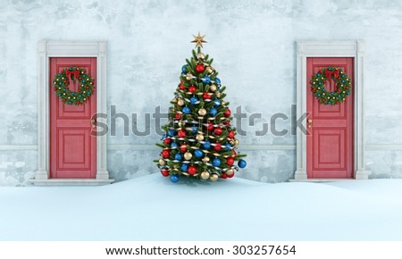 Old house with christmas tree,two red front door with wreath - 3D Rendering