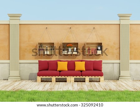 Classic garden with red pallet sofa on wooden floor - 3D Rendering