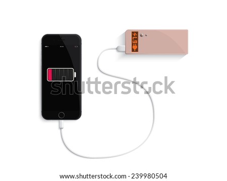 Charge your phone by power bank on white background