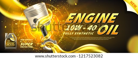 Engine oil advertisement background. Vector illustration with realistic piston and motor oil on bright background. 3d ads template.