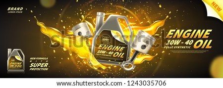 Engine oil advertisement banner. Vector illustration with realistic pistons and motor oil canister on bright background. 3d ads template.