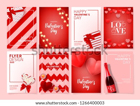 Set of Happy Valentine's Day posters. Vector illustration with realistic Valentine's Day attributes and symbols. Brochures design for promo flyers or covers in A4 format size.