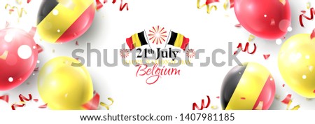 Horizontal holiday banner for happy national Belgium day. Vector illustration with realistic air balloons colored in Belgium flags. Festive background with color serpentine and confetti.