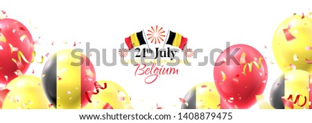 Holiday banner for happy national Belgium day. Vector illustration with realistic air balloons colored in Belgium flags. Festive background with color serpentine and confetti.