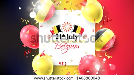 Happy national Belgium day holiday banner. Vector illustration with realistic air balloons colored in Belgium flags. Festive background with color serpentine and confetti.
