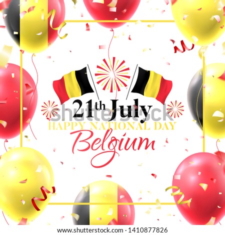 Happy national Belgium day card. Vector illustration with realistic air balloons colored in Belgium flags. Festive background with color serpentine and confetti.