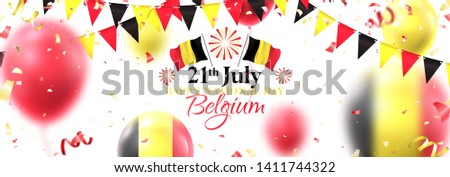 Festive horizontal banner for happy national Belgium day. Vector illustration with realistic air balloons colored in Belgium flags. Holiday background with color serpentine, confetti and garlands.