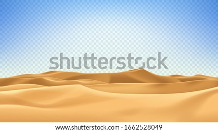 Realistic desert landscape isolated on checkered background. Beautiful view on realistic sand dunes. 3d vector illustration of sandy desert.