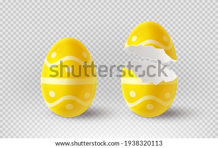 Yellow cracked egg isolated on checkered background. Realistic egg shells. Vector illustration with 3d decorative object for Easter design.