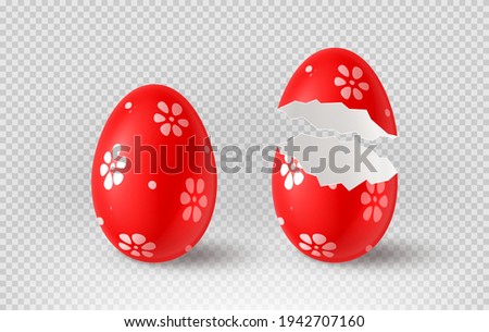 Red cracked egg isolated on checkered background. Realistic egg shells. Vector illustration with 3d decorative object for Easter design.