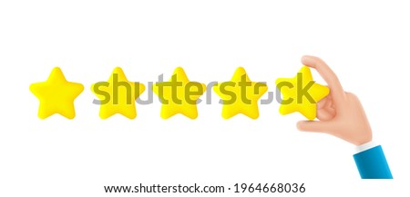 Feedback or rating concept banner. Cartoon hand holds yellow star. Vector 3d illustration. Sign of feedback or rating. Good review, supporting client service successful.