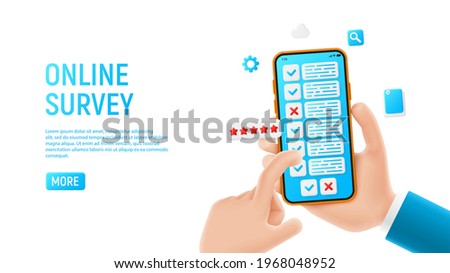 Online survey banner concept. Mockup with cartoon hands, smartphon and survey icons. Template of smart phone and cartoon hands. Vector illustration with mobile devices concept.