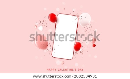 Happy Valentine's Day holiday background. Greeting design with abstract 3d composition for Valentine's Day. Vector illustration with smartphone, hearts, balloons and confetti. Holiday mockup.