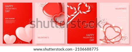 Set of Happy Valentine's Day posters. Vector illustration with realistic 3d Valentine's Day attributes and symbols. Brochures design for promo flyers or covers in A4 format size.