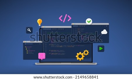 Concept of computer programming or developing software or game. Vector 3d illustration with coding symbols and programming windows. Concept of Information technologies and computer engineering.