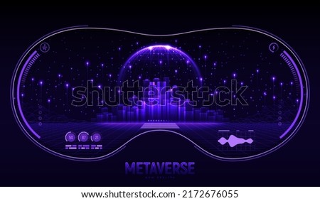 Metaverse city future concept. View from vr glasses on concept of virtual digital reality. Simulation of network futuristic world. Future digital technology metaverse. 3d vector illustration.