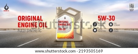 Engine oil advertising banner. Realistic vector illustration with canister of engine oil on highway and sunset on background. 3d ad banner. Advertisement of full synthetic and protection engine oil.