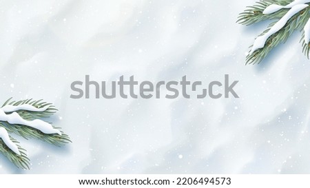 Vector banner with realistic snow and fir tree branches. Vector illustration with top view on realistic snow texture and fir tree branches.