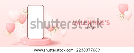 Happy Valentine's Day banner. Greeting background with mockup of phone, balloons and confetti on podium with neon circle. Holiday 3d banner. Vector illustration for promotion goods or products.