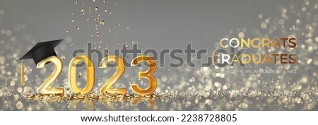 Banner for design of graduation 2023. Golden numbers with graduation cap and confetti on background with effect bokeh. Congratulations graduates 2023. Vector illustration for degree ceremony design.